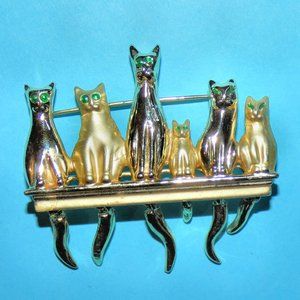 Vintage Signed AJC Cats Brooch Pin Kitten Kitty Green Eye Dangle Tails Gold Tone